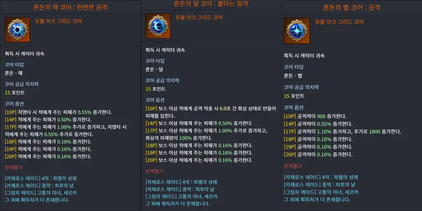 딜러 혼돈 코어: 현란한 공격(해), 불타는 일격(달), 공격(별)
